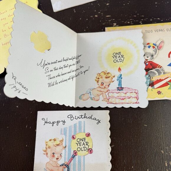 Vintage Birthday Cards Lot Of 8 1940s For 1, 2 & 3 Year Old Elephant Bunny Teddy - Picture 12 of 12